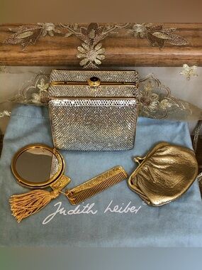 Judith Leiber Crystal Embellished Gold Minaudiere Shoulder Bag